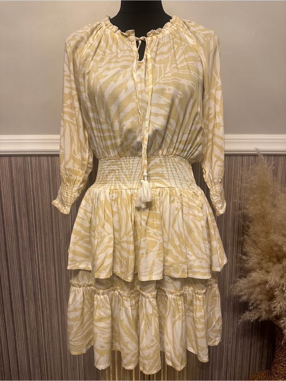 Patrons of Peace Small Yellow Ivory Boho Tiered Midi Dress Smocked Waist Cutout